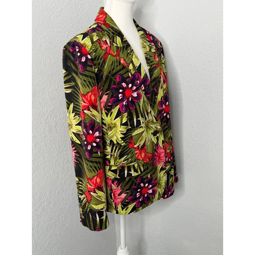 Chicos Tropical Palm Floral Blazer Jacket Green Pink Botanical Print Size 2 LGE - Picture 2 of 7
